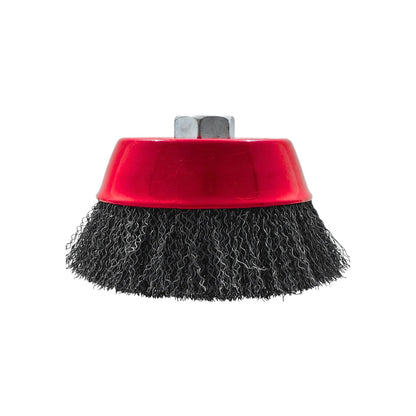 Carda de copa ondulada con filamentos de alambre crimpado para amoladora, limpieza de metal, óxido y pintura, copa roja