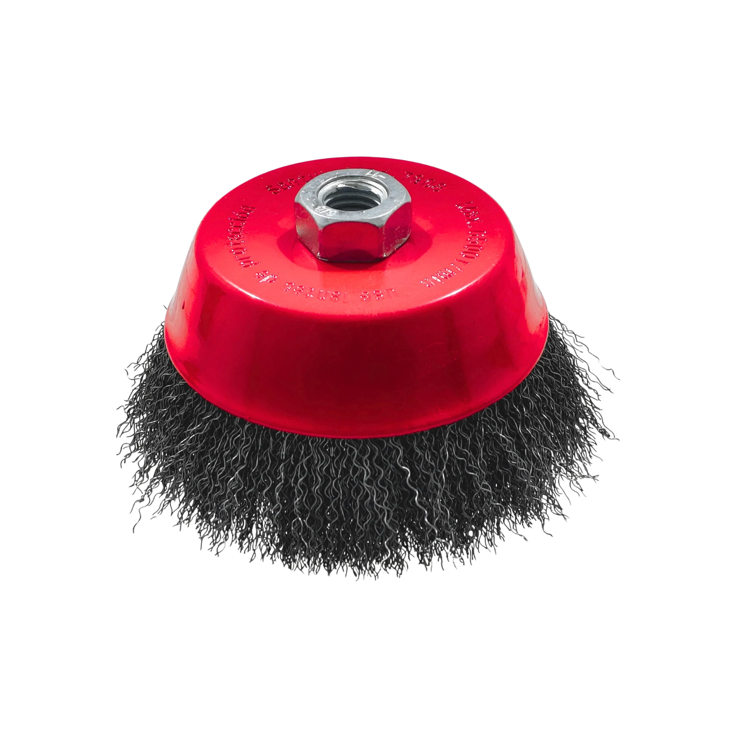 Carda de copa ondulada para amoladora, cepillo de alambre de acero con base roja para desbaste y limpieza de metales.