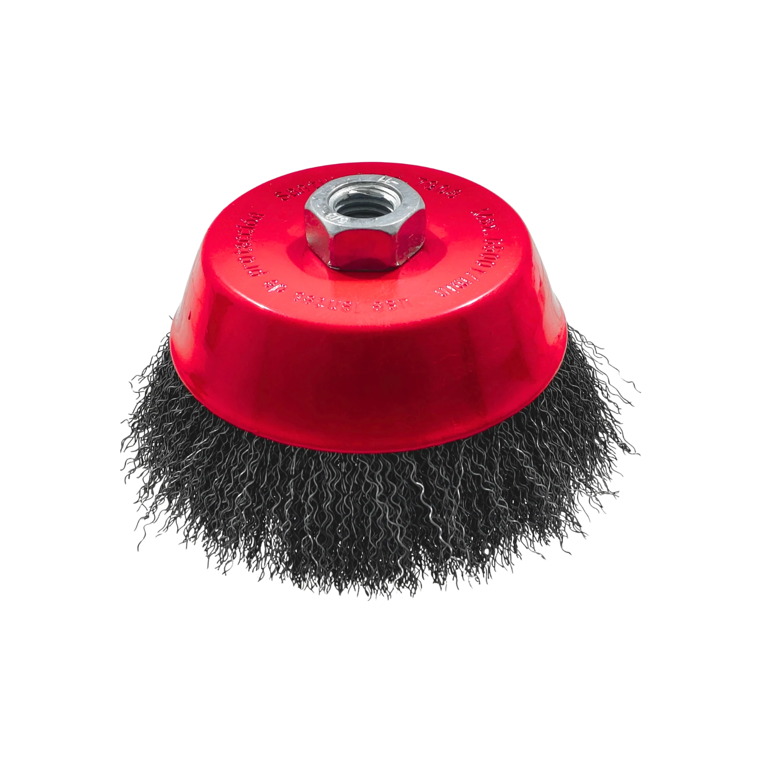 Carda de copa ondulada para amoladora, cepillo de alambre de acero con base roja para desbaste y limpieza de metales.