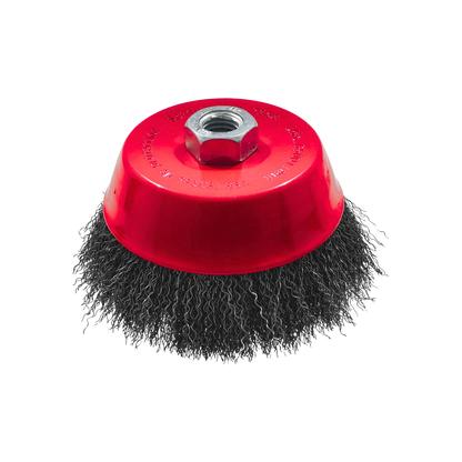Carda de copa ondulada para amoladora, cepillo de alambre de acero con base roja para desbaste y limpieza de metales.