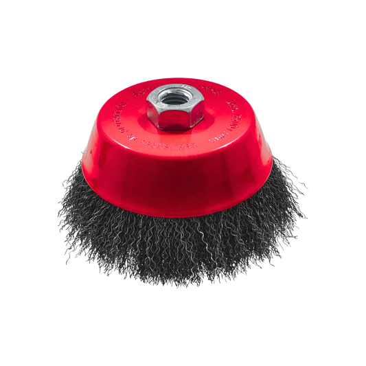 Carda de copa ondulada para amoladora, cepillo de alambre de acero con base roja para desbaste y limpieza de metales.