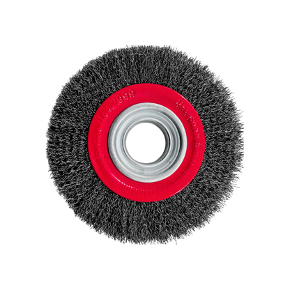 Carda plana ondulada para esmeriladora Santul 7999, cepillo de alambre circular con eje rojo, 6000 RPM.