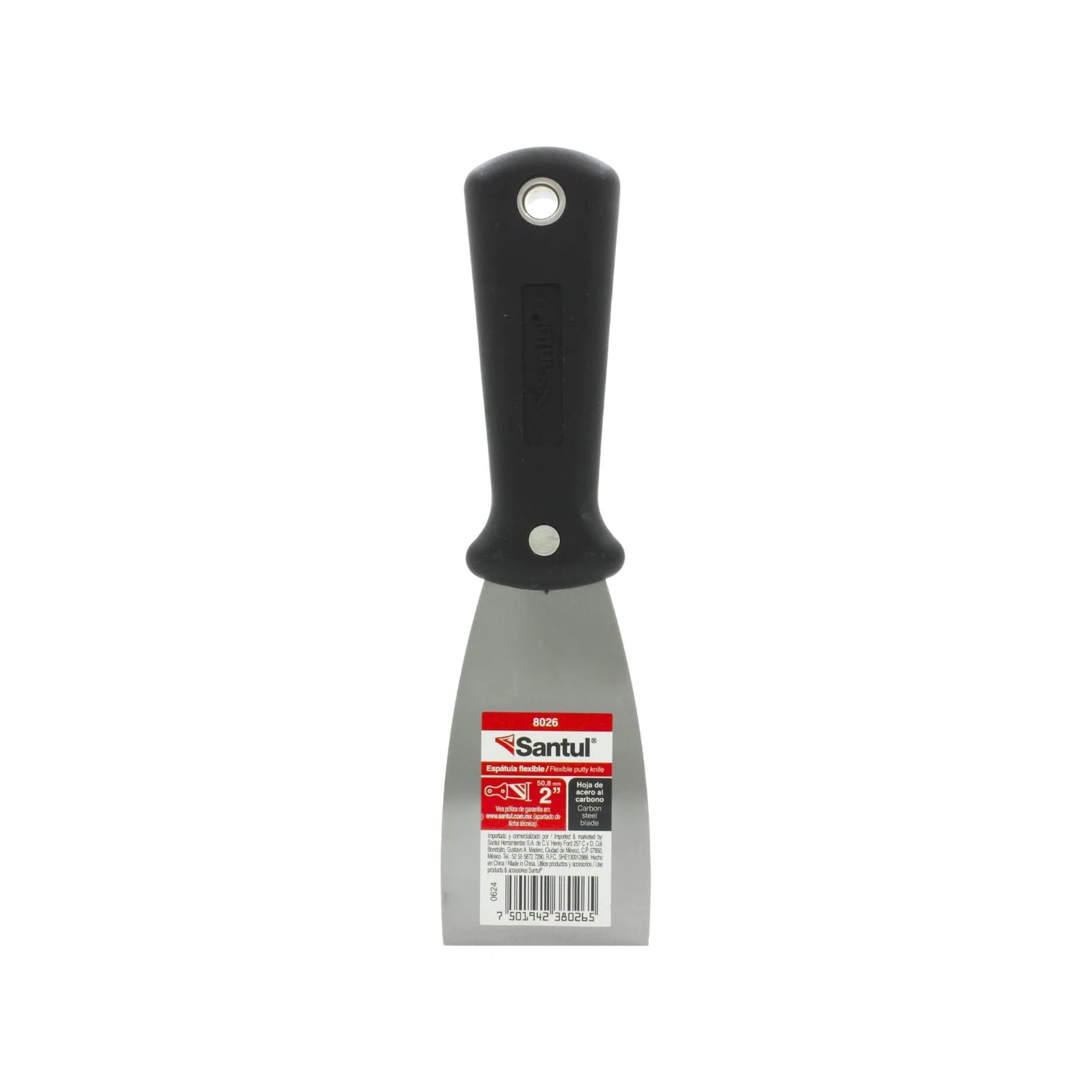 Espátula flexible Santul 8026 de 2 pulgadas, hoja de acero al carbono y mango ergonómico de plástico negro.