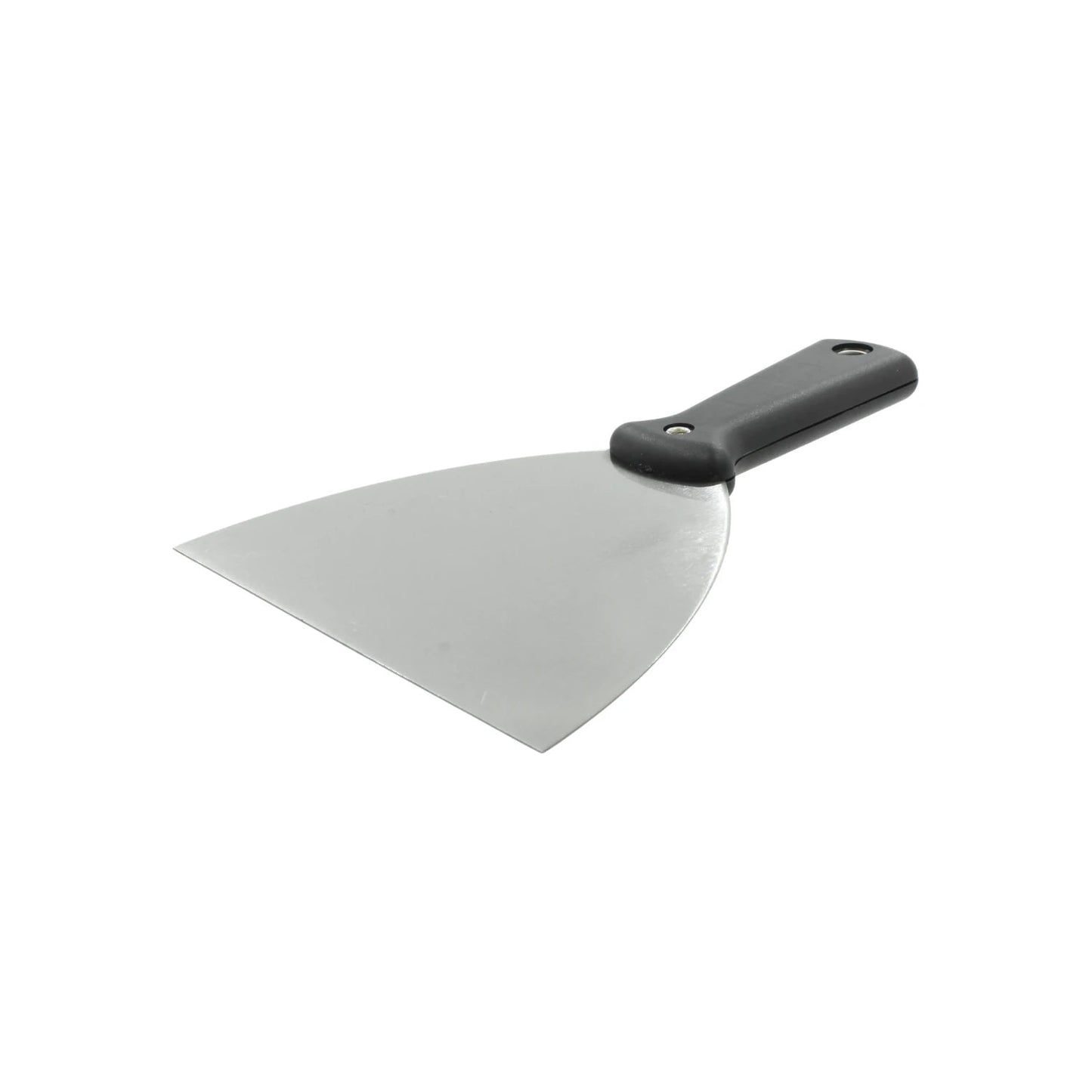 Espátula metálica 5" con mango de plástico negro, ideal para aplicar masilla, remover pintura y resanar superficies.