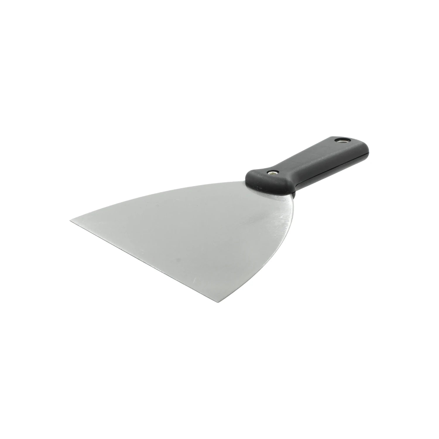 Espátula metálica 5" con mango de plástico negro, ideal para aplicar masilla, remover pintura y resanar superficies.