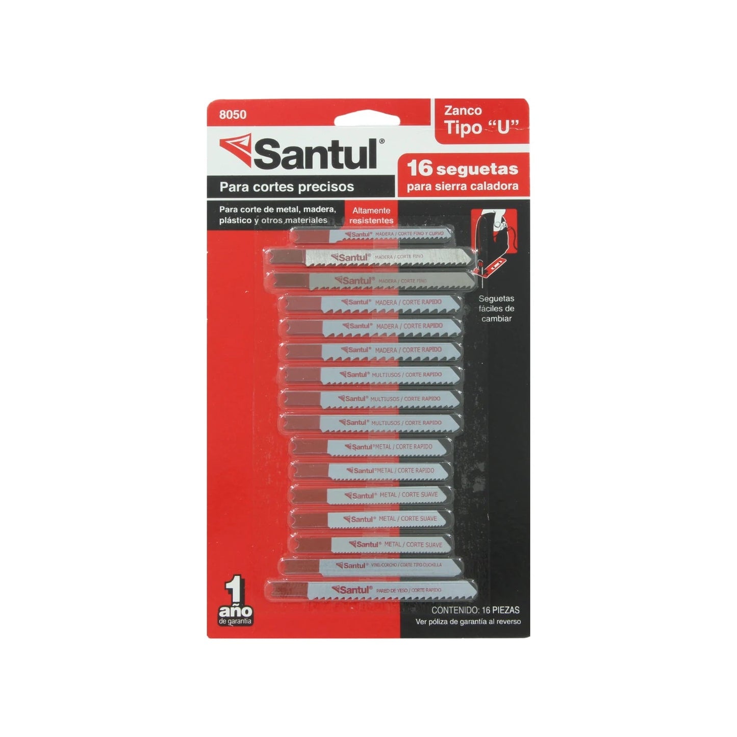 Santul 8050 seguetas caladora tipo U, 16 piezas multiusos para cortes precisos en metal, madera, plástico