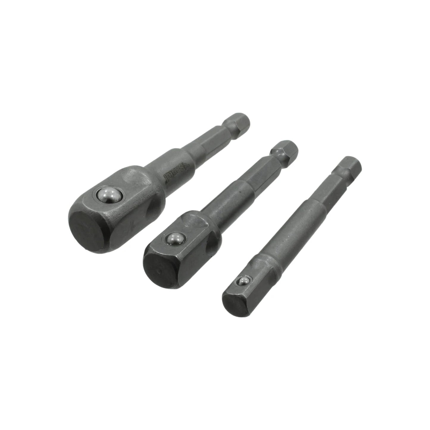 Juego 3 adaptadores de dado de impacto 1/4, 3/8, 1/2, vástago hexagonal a cuadrado, retén de bola, metal gris