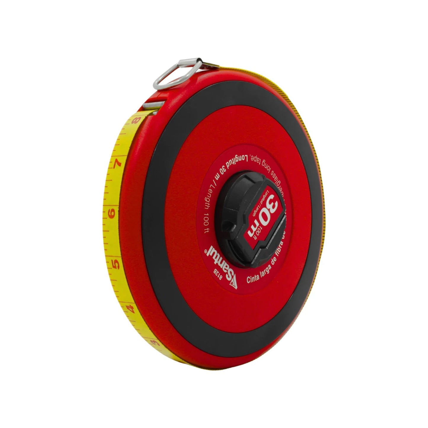 Cinta métrica Santul 8128 30m de fibra de vidrio roja, carrete ergonómico para medición precisa.