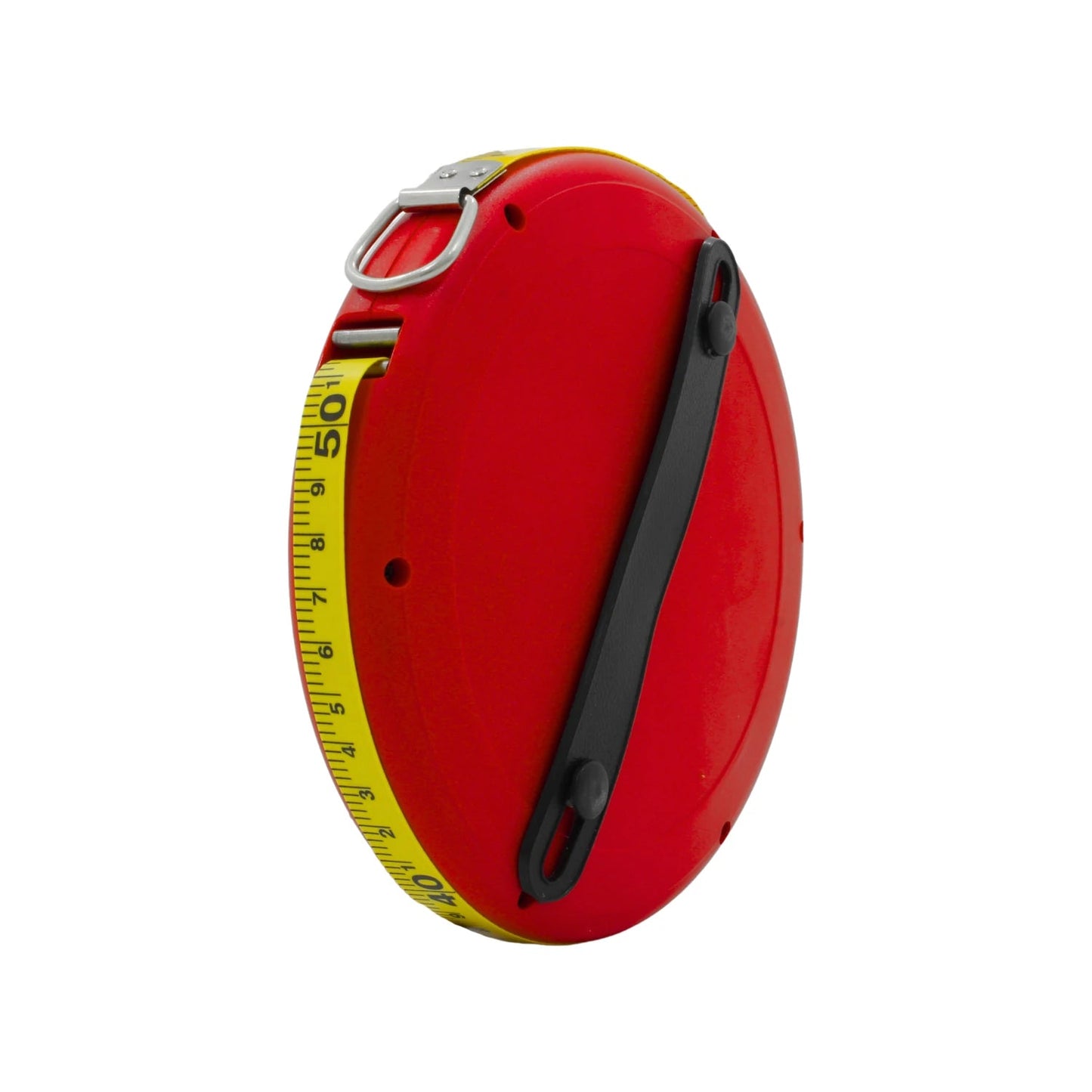 Cinta métrica manual 50m con carcasa roja, cinta amarilla numerada y manivela, para obras y medición