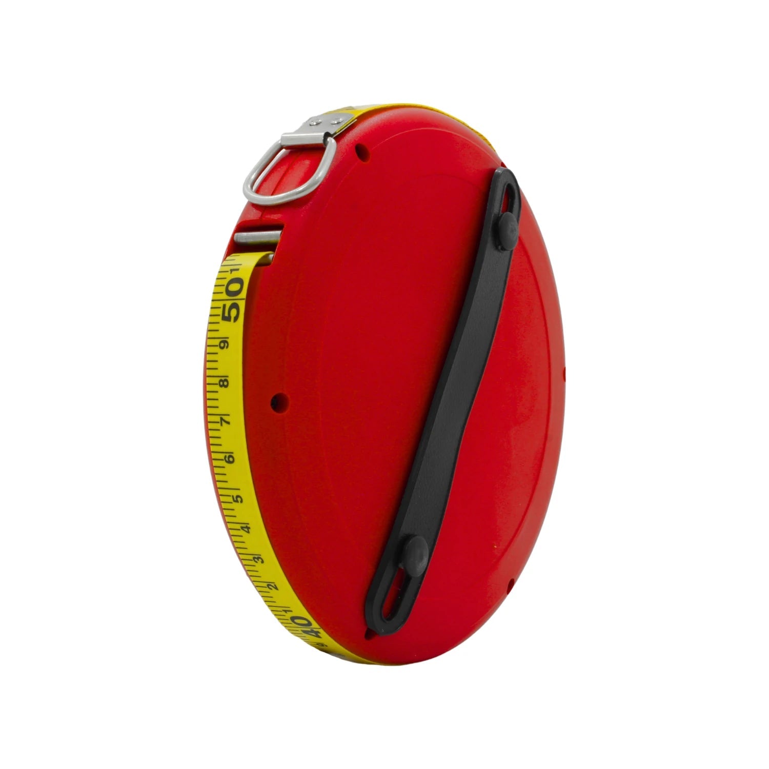 Cinta métrica manual 50m con carcasa roja, cinta amarilla numerada y manivela, para obras y medición