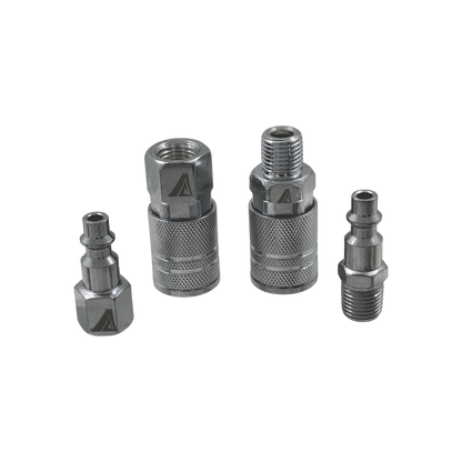 Coples rápidos de metal para compresora, kit 4 piezas plateadas: 2 acoples hembra y 2 plugs macho con rosca.