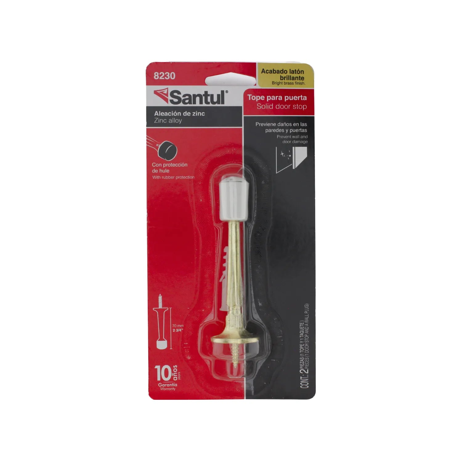 Tope para puerta Santul rígido de 70mm acabado latón brillante con punta de hule y tornillo para montaje.