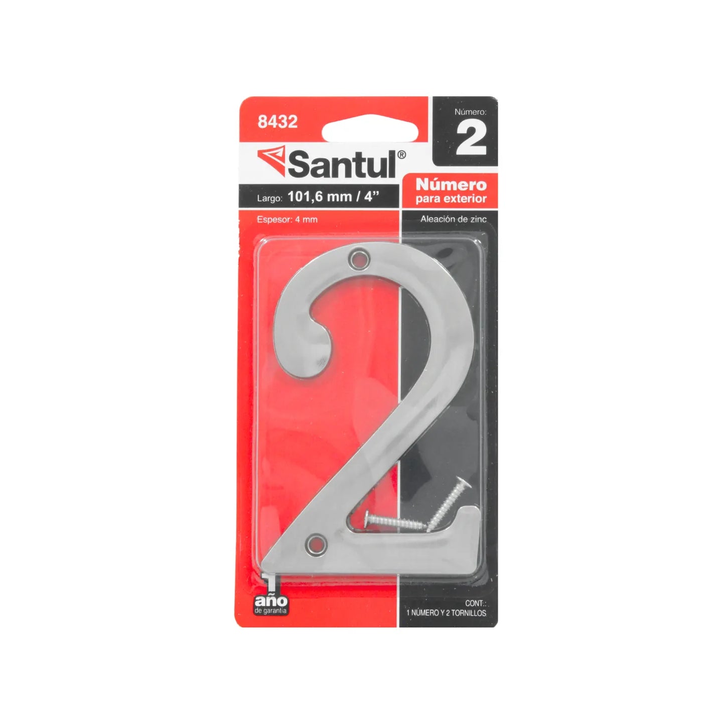 Número de casa Santul 2 de aleación de zinc plateado, 101.6mm (4"), para exterior, incluye tornillos.