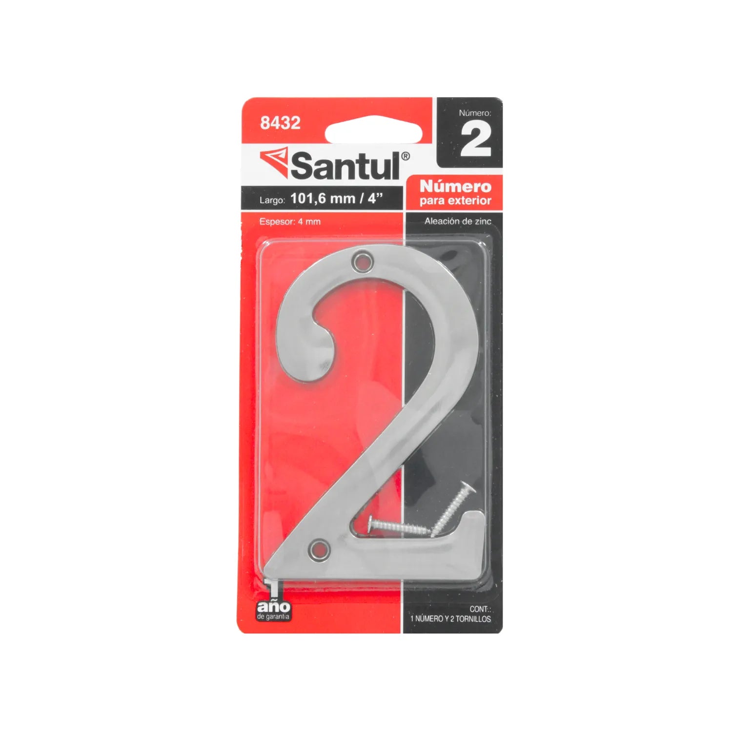 Número de casa Santul 2 de aleación de zinc plateado, 101.6mm (4"), para exterior, incluye tornillos.
