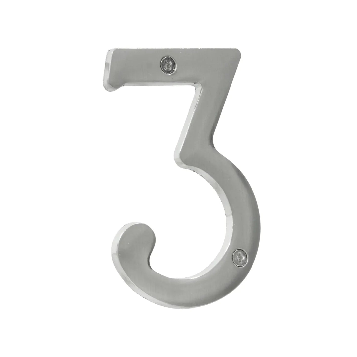 Número de casa 3 de acero inoxidable cepillado, acabado plata. Incluye tornillos para montaje en puerta o fachada.