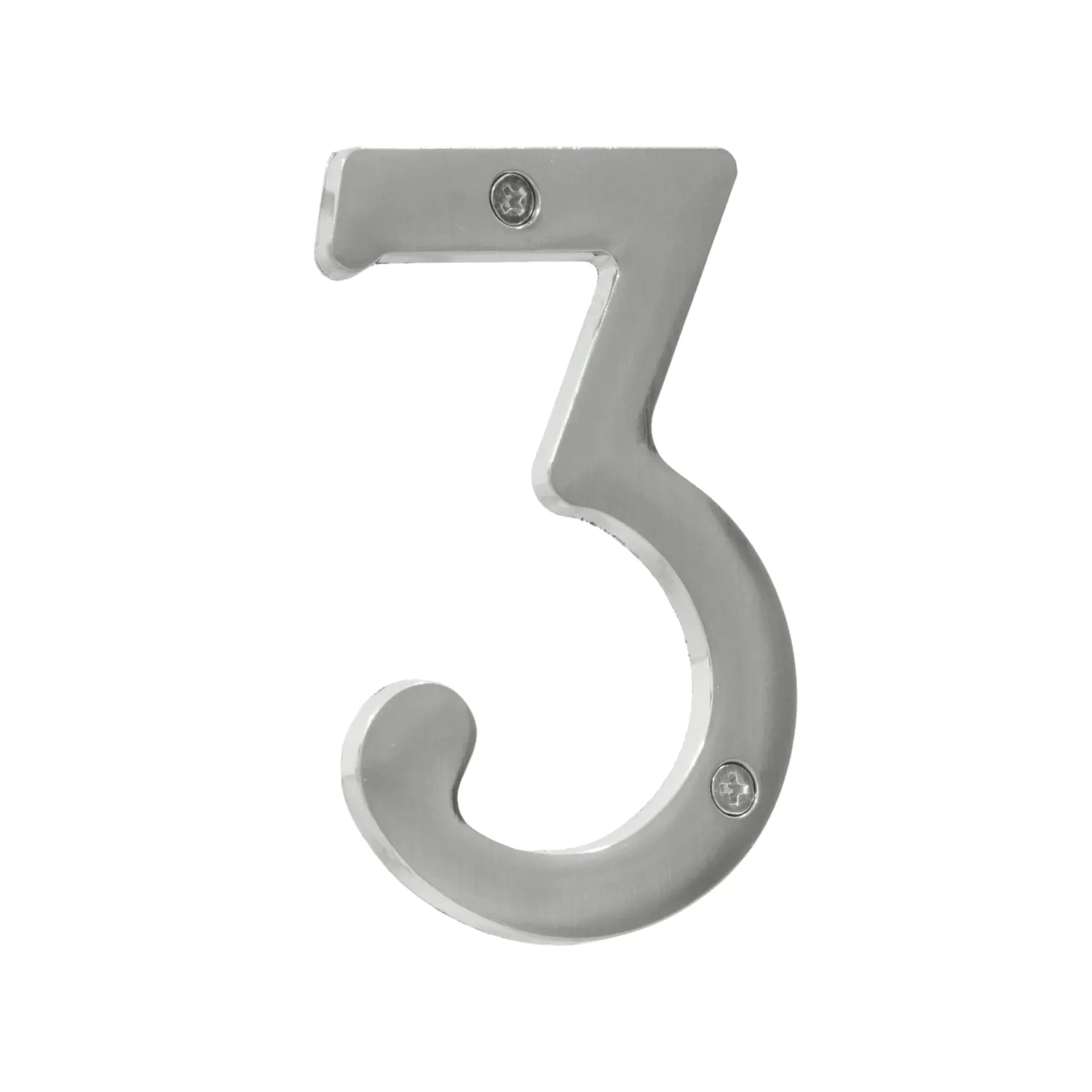 Número de casa 3 de acero inoxidable cepillado, acabado plata. Incluye tornillos para montaje en puerta o fachada.