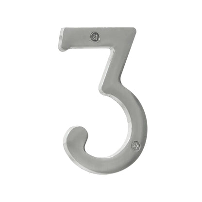 Número de casa 3 de acero inoxidable cepillado, acabado plata. Incluye tornillos para montaje en puerta o fachada.