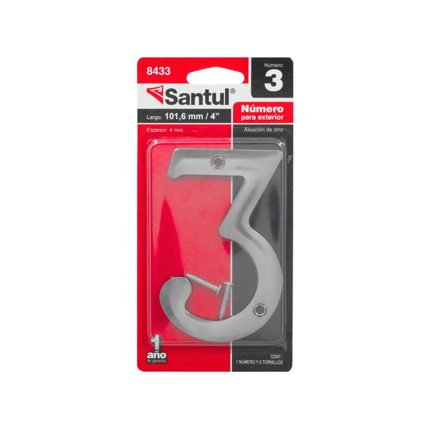 Número exterior Santul 3 de aleación de zinc cromado, 101.6mm (4"), incluye tornillos
