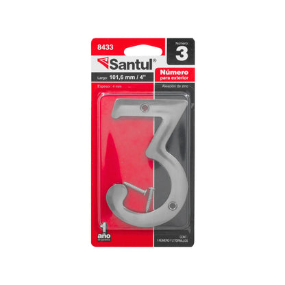 Número exterior Santul 3 de aleación de zinc cromado, 101.6mm (4"), incluye tornillos