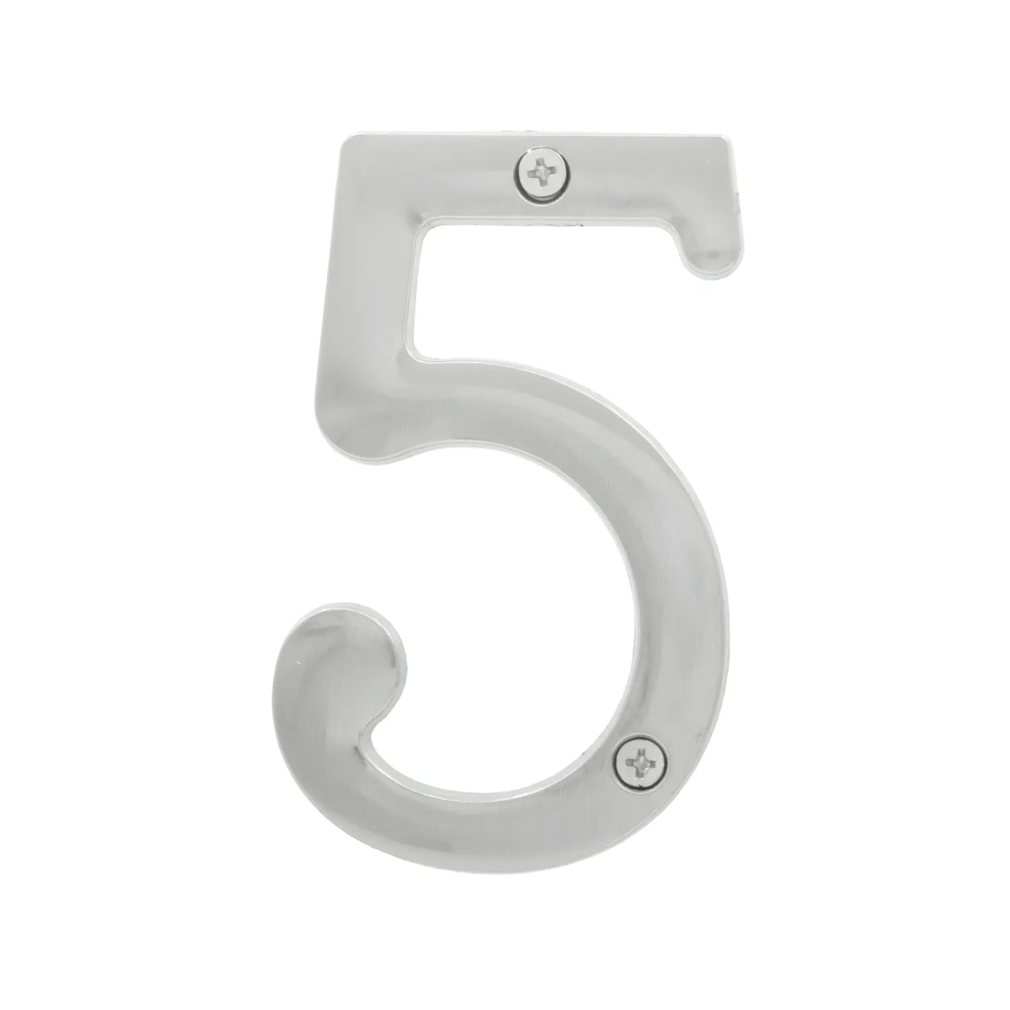 Dígito de dirección 5 de metal con acabado cromado brillante, incluye tornillos para montaje en puertas y fachadas.