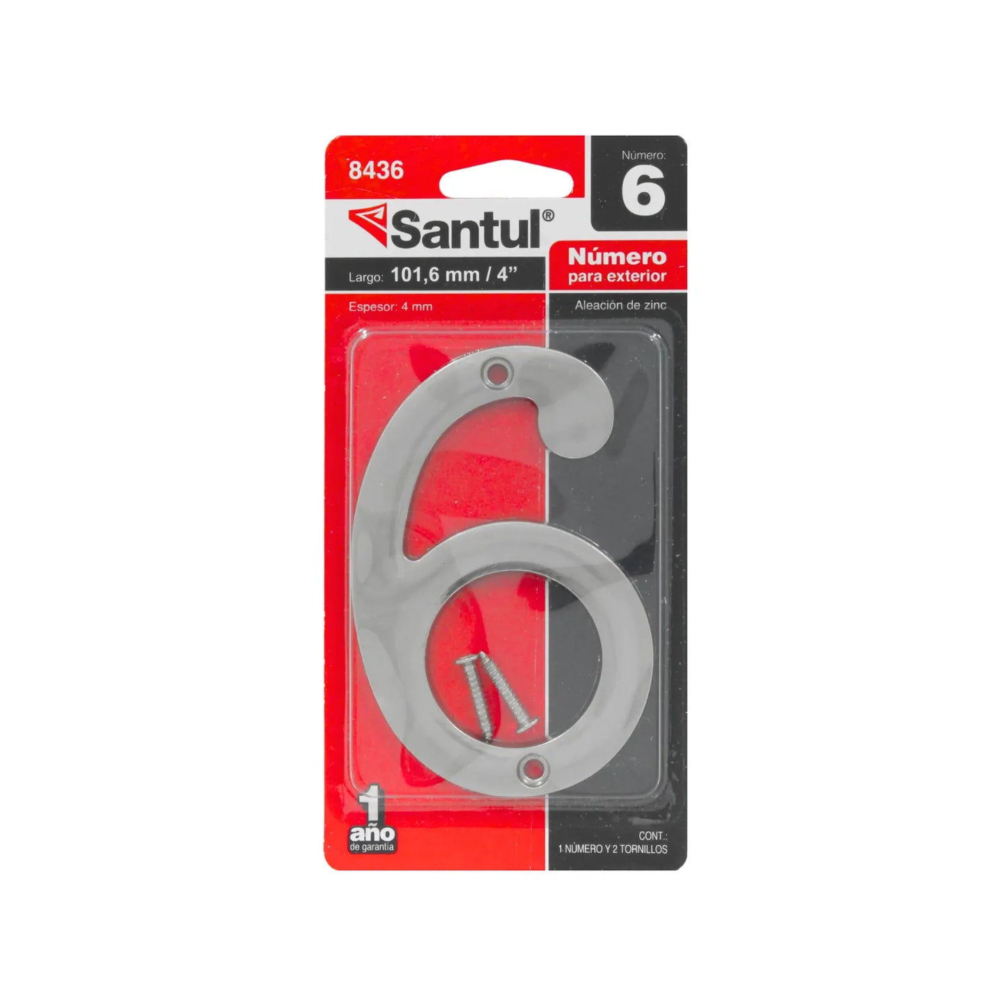 Número de casa Santul 6 plateado de aleación de zinc para exterior, 101.6mm (4") con tornillos.