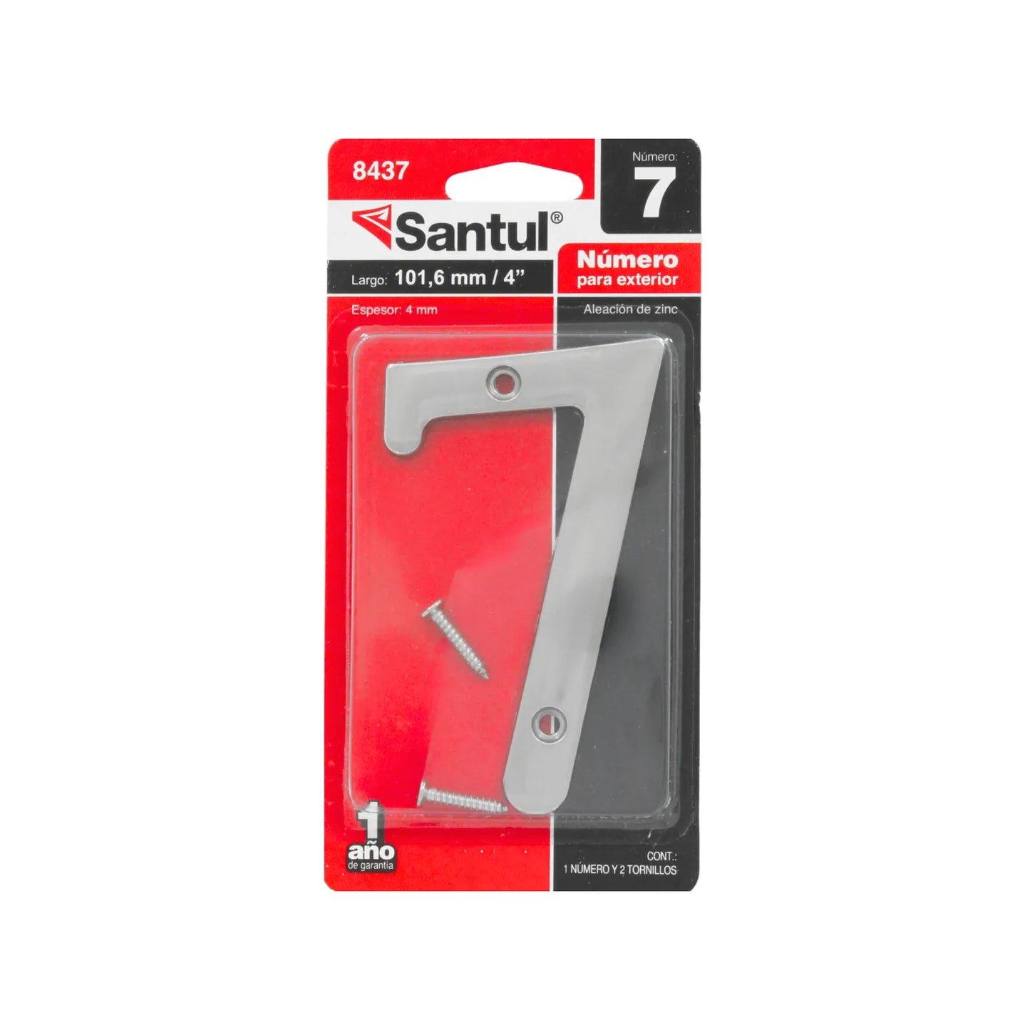 Número para casa Santul 7 de ale aleación de zinc, plata, 101.6mm (4") para exterior, incluye 2 tornillos.
