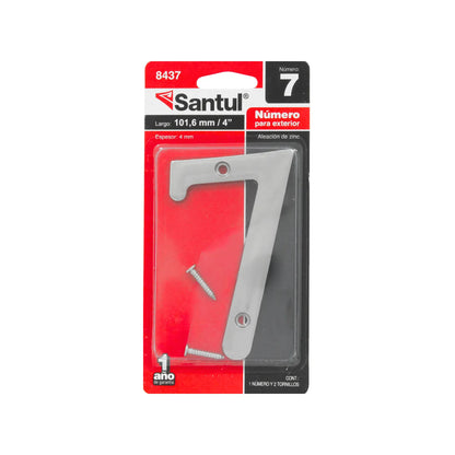 Número para casa Santul 7 de ale aleación de zinc, plata, 101.6mm (4") para exterior, incluye 2 tornillos.