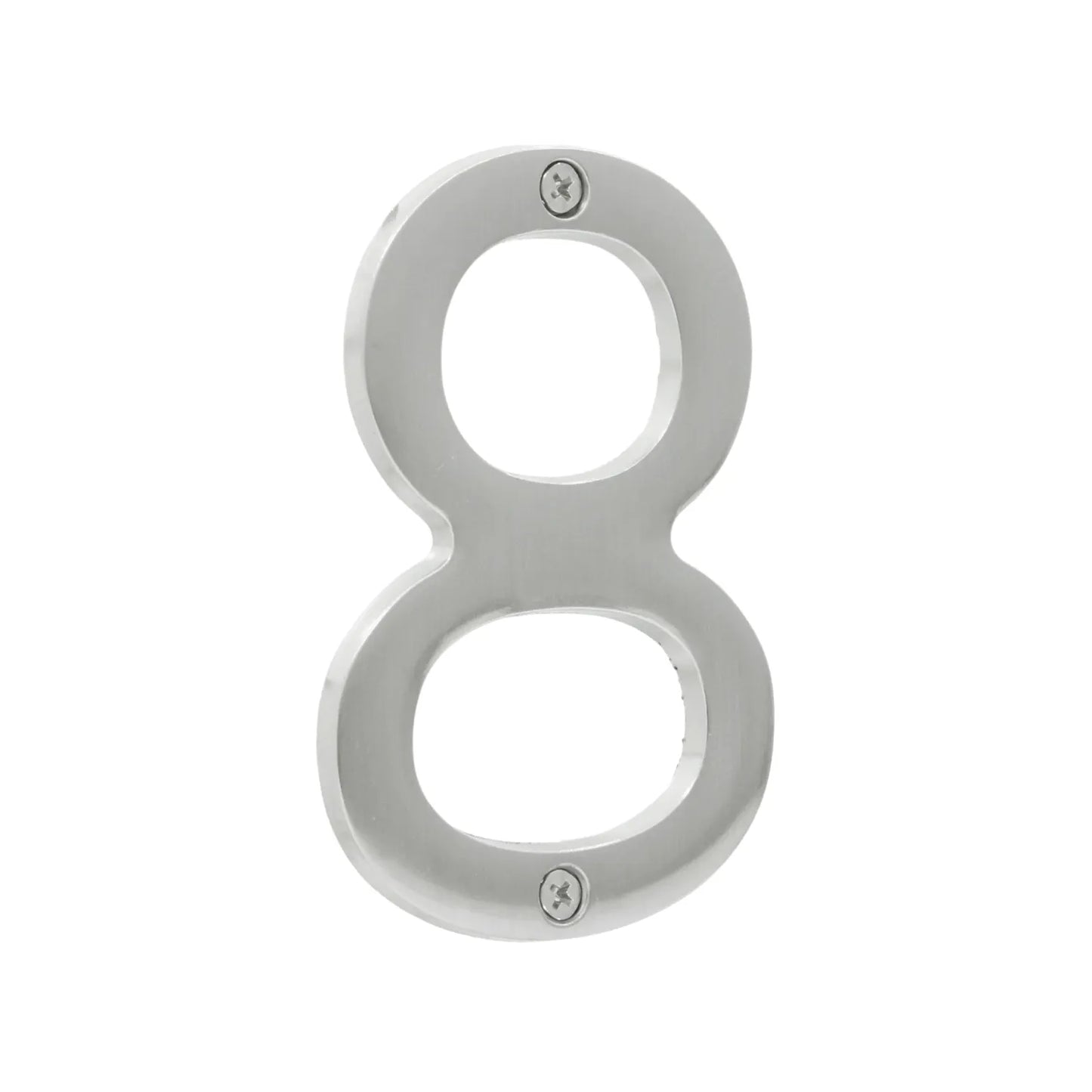 Número de casa 8 metálico plateado cepillado, para direcciones exteriores, resistente a la intemperie, montaje con tornillos.