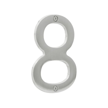 Número de casa 8 metálico plateado cepillado, para direcciones exteriores, resistente a la intemperie, montaje con tornillos.