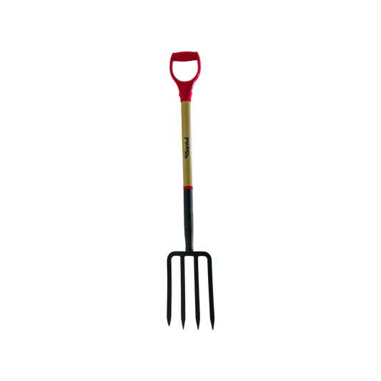 Bieldo Santul 4 dientes de acero, mango D rojo ergonómico y bastón de madera para jardín y agricultura