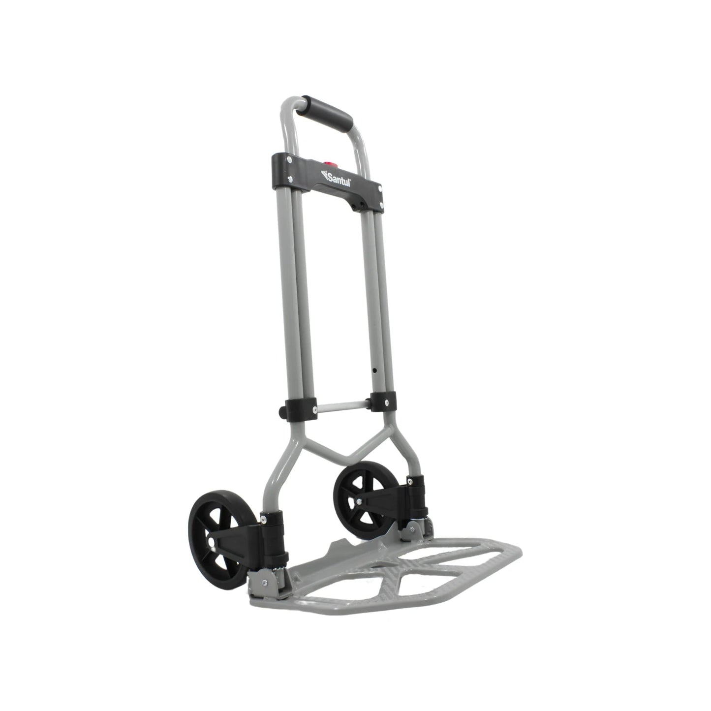 Diablo de carga plegable Santul de acero gris, con mango ergonómico y ruedas macizas para transporte eficiente.