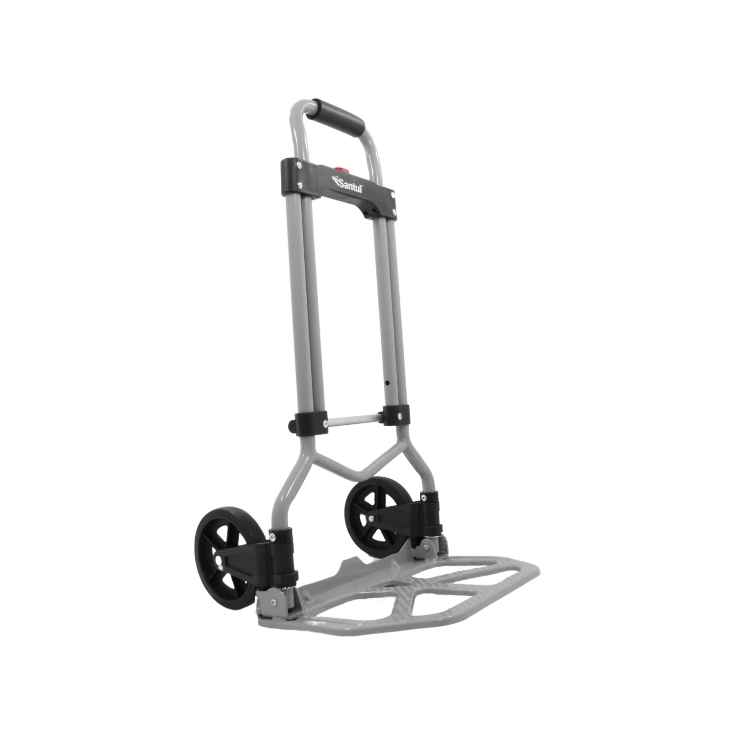 Diablo de carga plegable Santul de acero gris, con mango ergonómico y ruedas macizas para transporte eficiente.