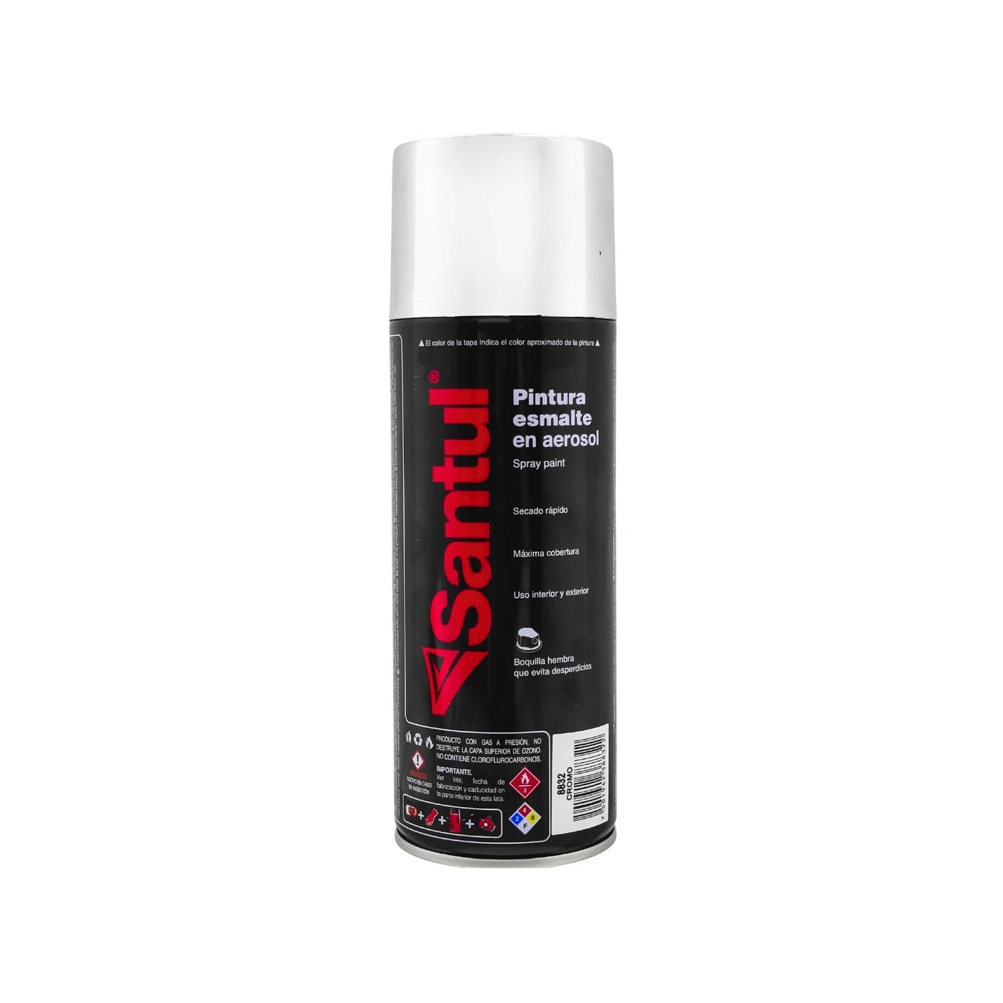 Pintura esmalte en aerosol Santul color cromo metálico 8832 para interiores y exteriores, secado rápido.