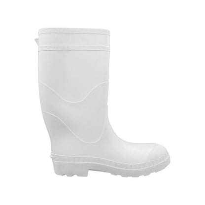 Bota sanitaria blanca de PVC impermeable, caña alta, antideslizante, ideal para trabajo en entornos húmedos.