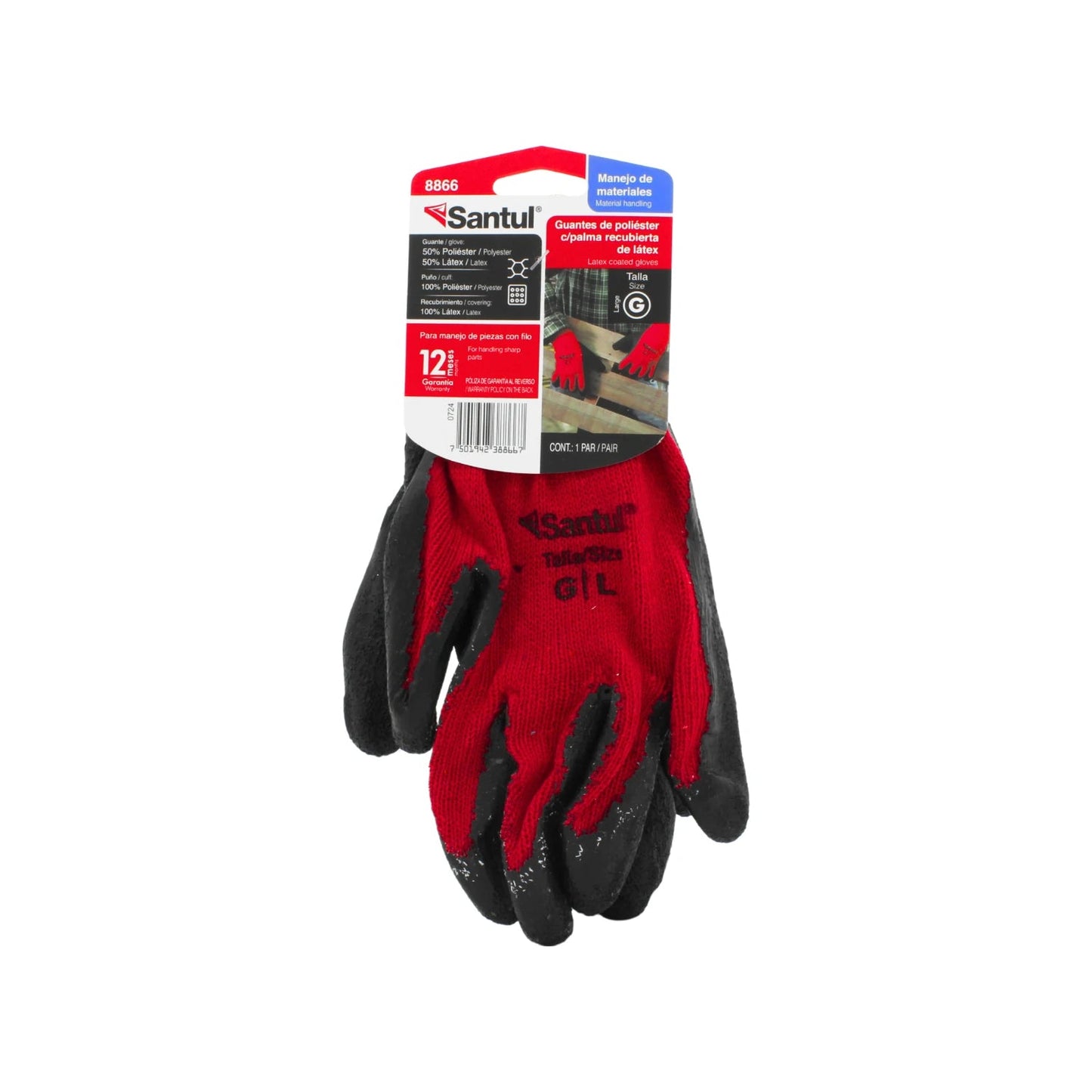 Guantes de trabajo Santul 8866, poliéster/látex, palma recubierta, rojos y negros, talla G, para manejo de materiales con filo.