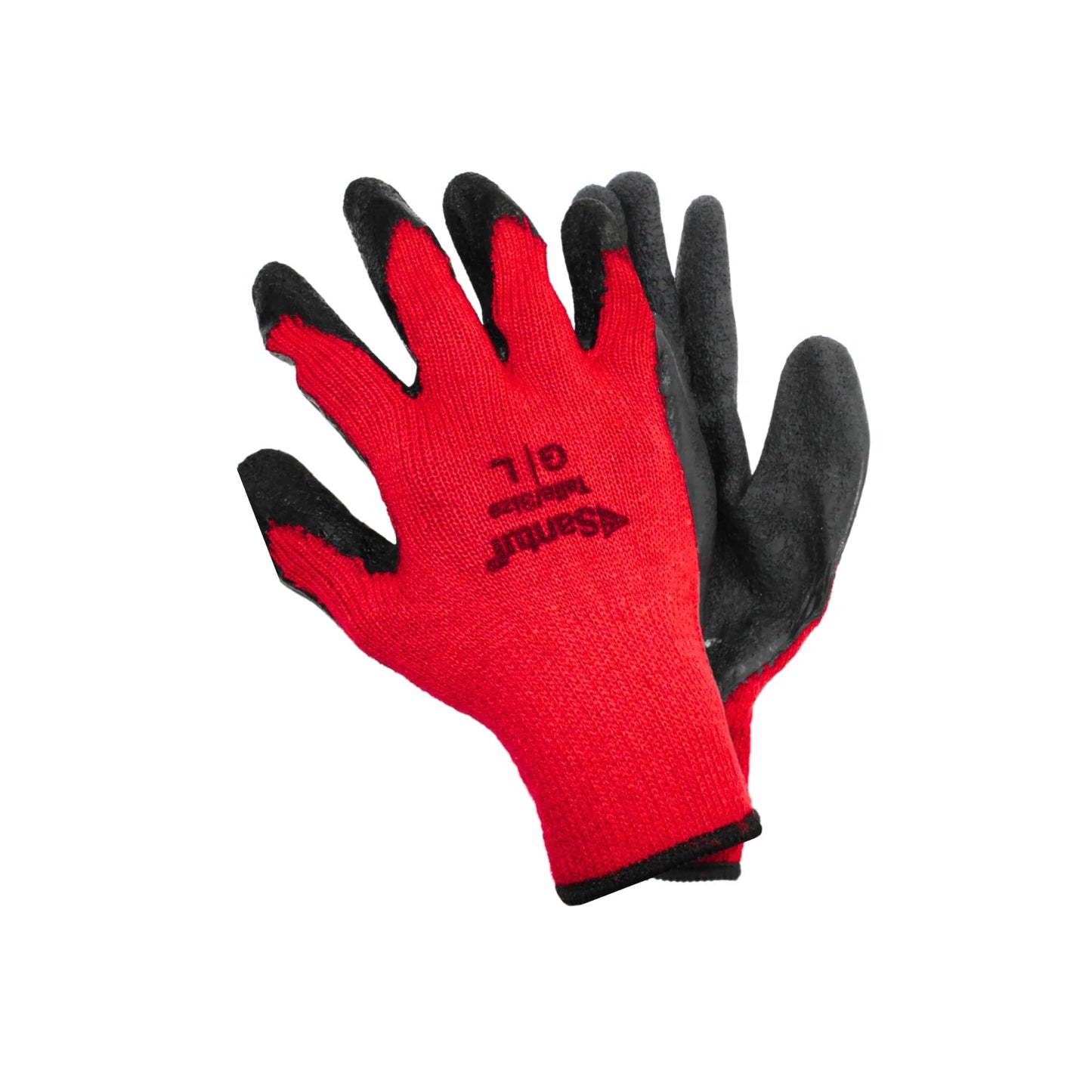 Guantes de trabajo Santul rojos y negros con palma de látex, talla L, para protección anticorte en ferretería.