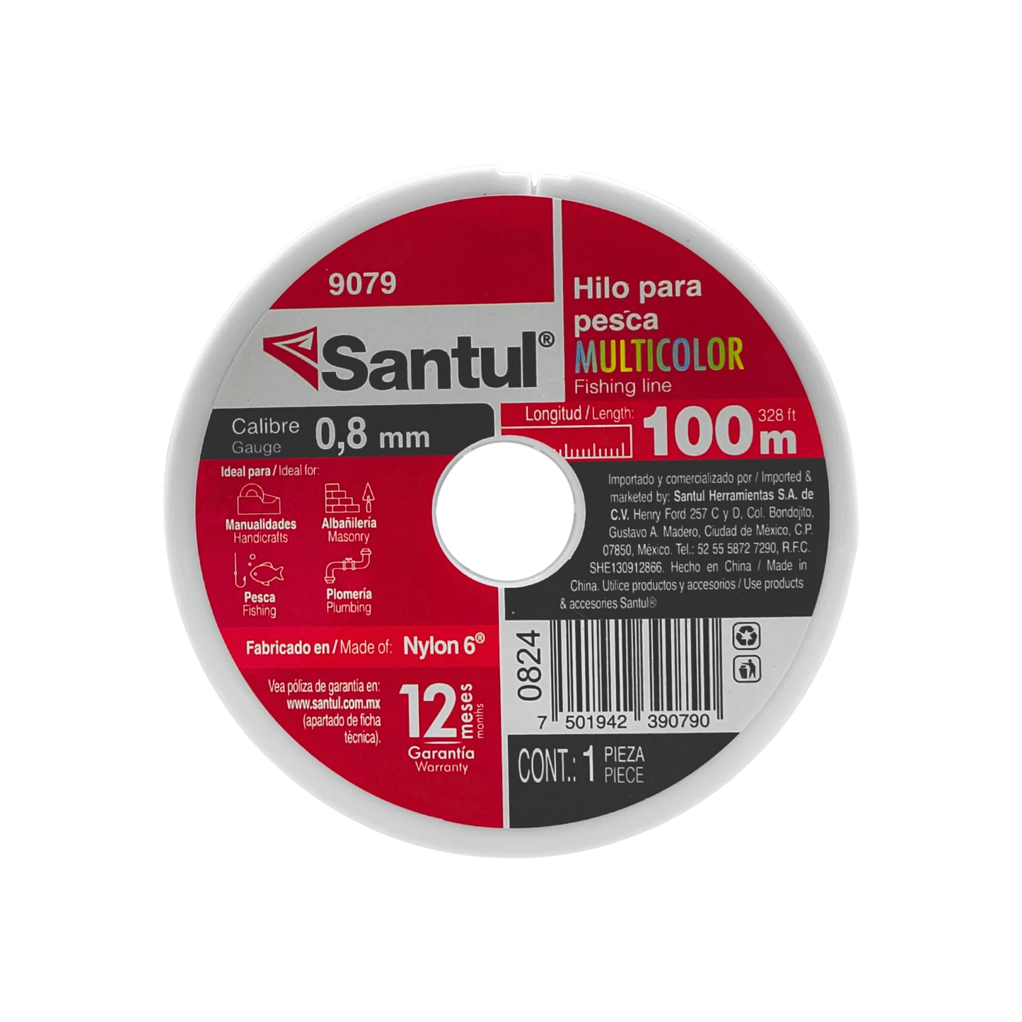 Hilo para pesca Santul multicolor 0.8 mm x 100 m Nylon 6, resistente para pesca y manualidades.