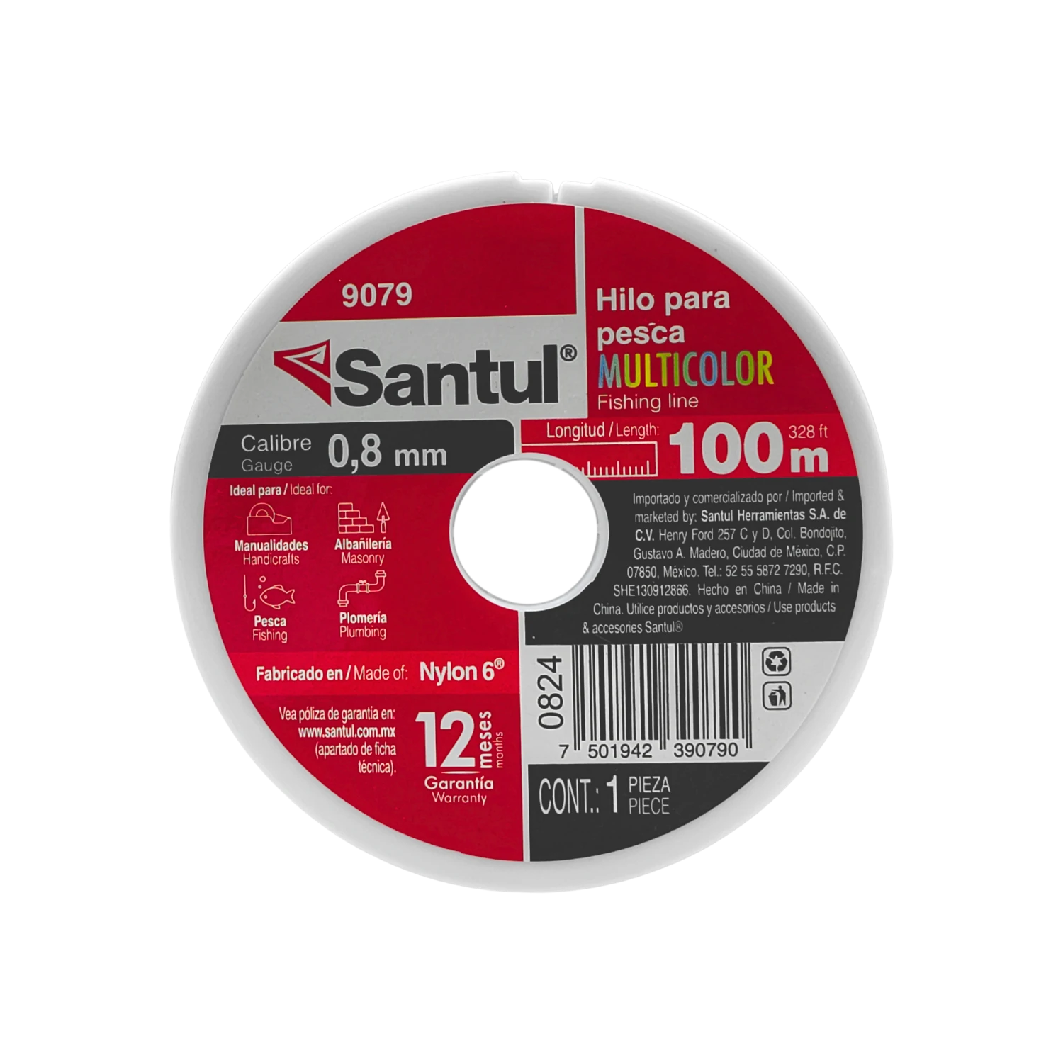 Hilo para pesca Santul multicolor 0.8 mm x 100 m Nylon 6, resistente para pesca y manualidades.