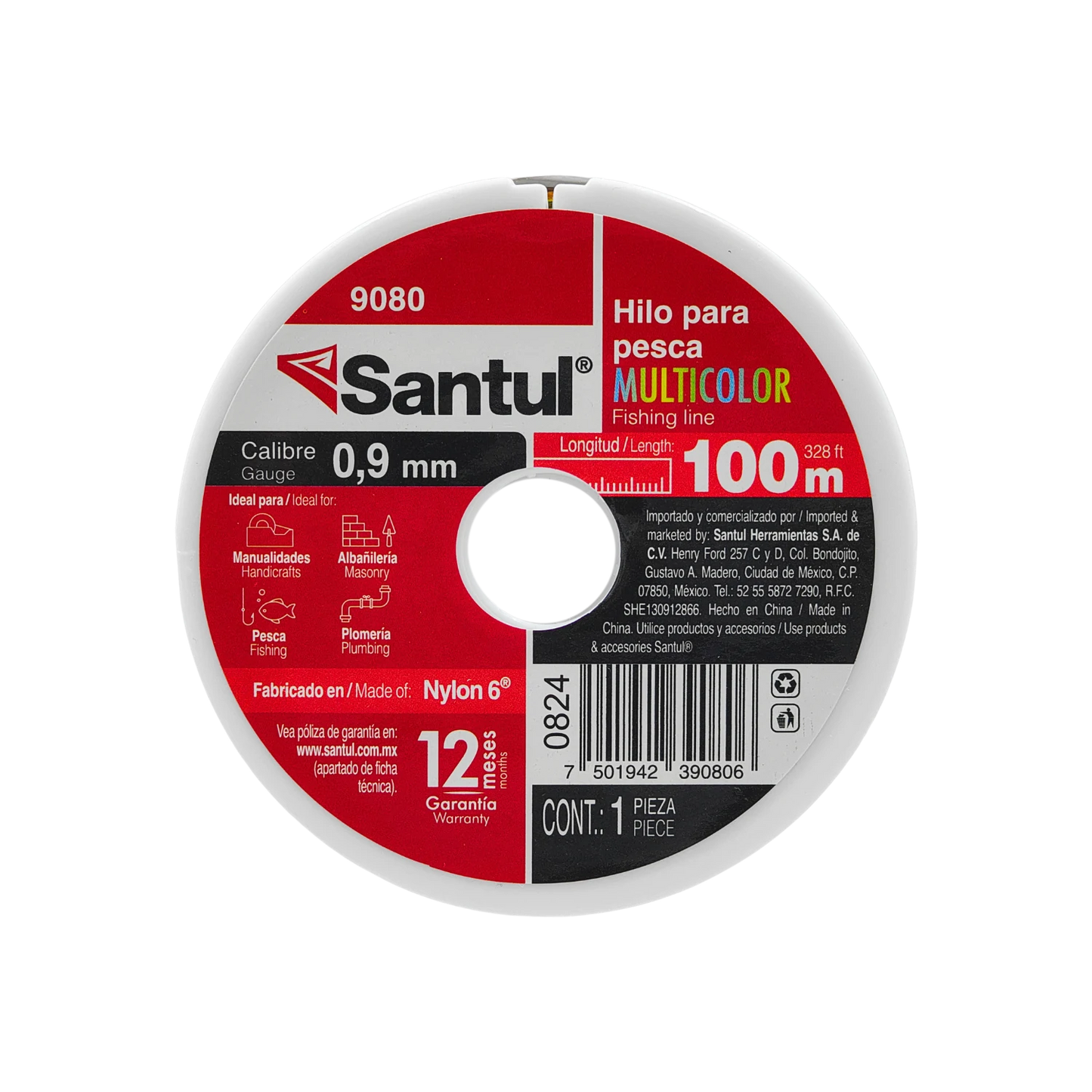 Hilo Santul 9080 nylon multicolor 0.9mm x 100m, para pesca, albañilería y manualidades
