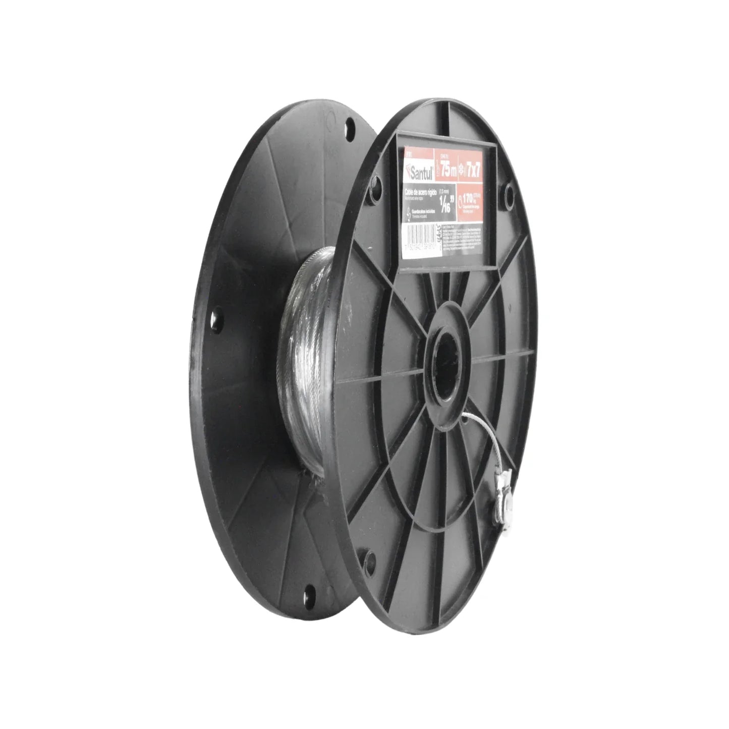 Cable de acero rígido.,Grosor: 1/16” (1.5 mm).,Longitud:75 m (246 ft).,Capacidad de carga: 170 kg (375 lb).,Hilos 7x7,Guadacabos incluidos.