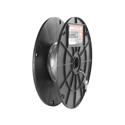 Cable de acero rígido.,Grosor: 1/16” (1.5 mm).,Longitud:75 m (246 ft).,Capacidad de carga: 170 kg (375 lb).,Hilos 7x7,Guadacabos incluidos.