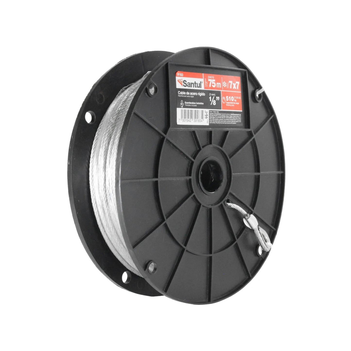 Cable de acero Santul 7x7 rígido 1/8" x 75m, capacidad de carga 510kg, con guardacabos, en carrete