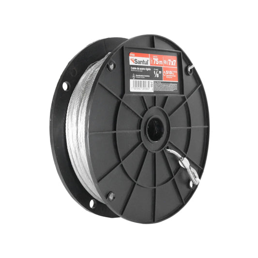 Cable de acero rígido.,Grosor: 1/8” (3 mm).,Longitud:75 m (246 ft).,Capacidad de carga: 510 kg (1124 lb).,Hilos 7x7,Guadacabos incluidos.
