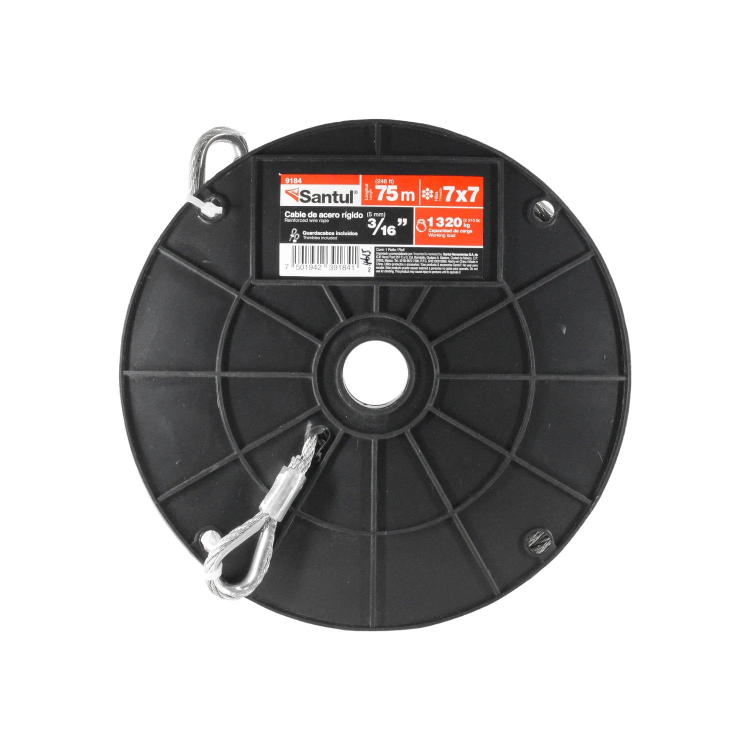 Cable de acero rígido Santul 7x7 de 3/16" x 75m con guardacabos, carga máxima 1320 kg