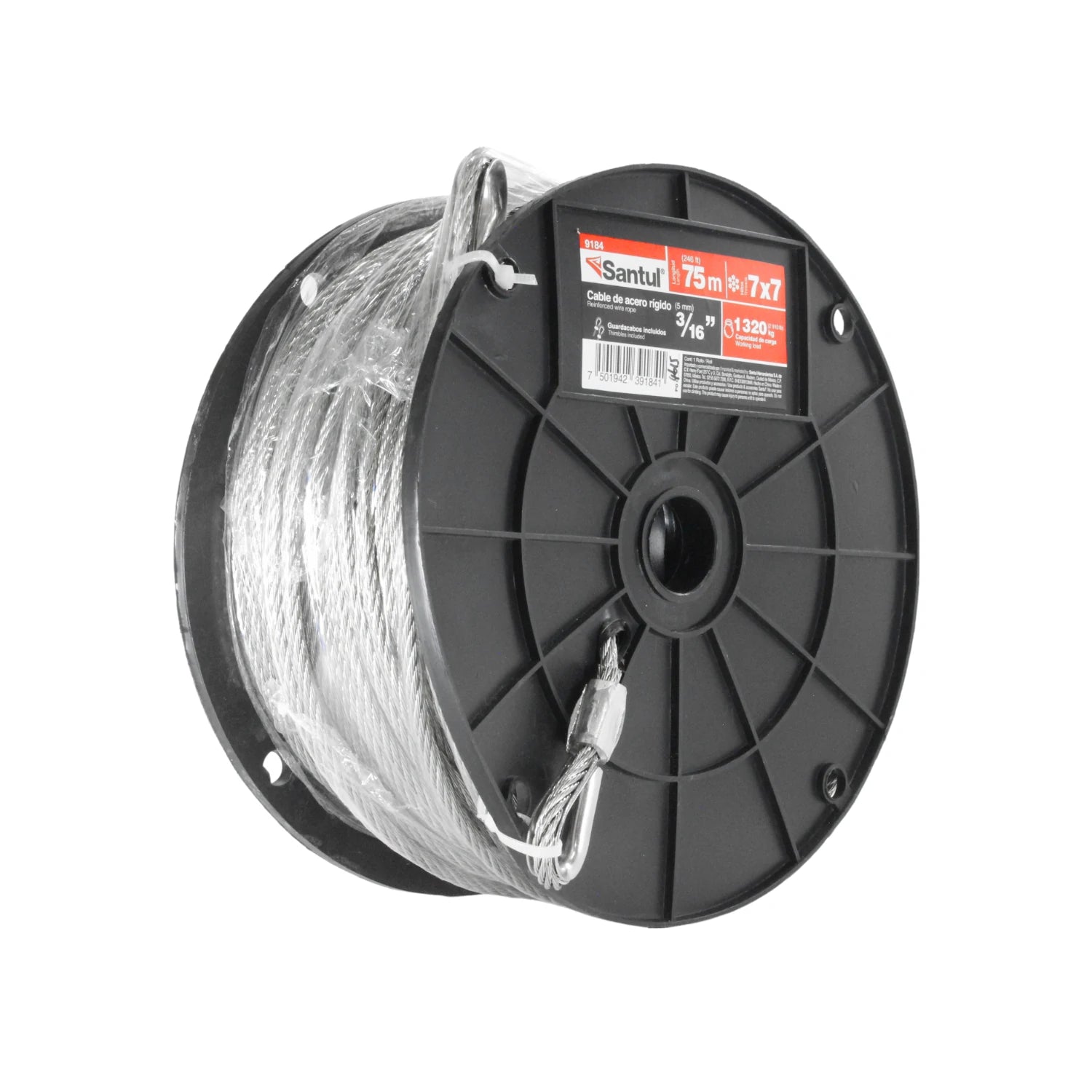 Cable de acero Santul 7x7 de 3/16" (5mm) x 75m, con guardacabos y carga de trabajo 1320kg.