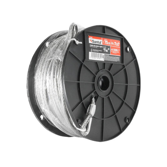 Cable de acero rígido.,Grosor: 1/4” (.25 mm).,Longitud:75 m (246 ft).,Capacidad de carga: 170 kg (375 lb).,Hilos 7x7,Guadacabos incluidos.