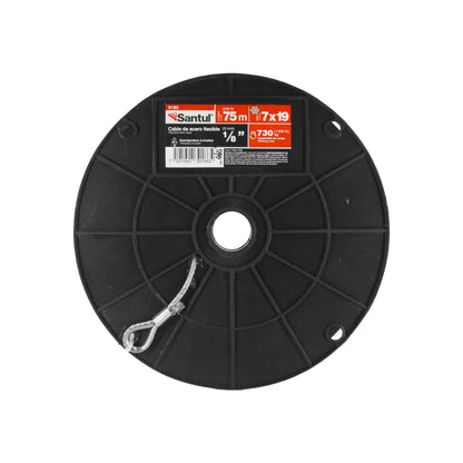Cable de acero flexible Santul 7x19, 1/8" (3mm) x 75m, 730kg carga, con guardacabos
