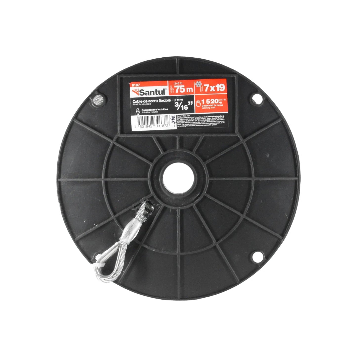 Cable de acero flexible Santul 7x19 de 3/16" x 75 m con guardacabos, capacidad de carga 1520 kg