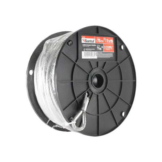 Cable de acero flexible Santul 9187 7x19 de 3/16" x 75m, capacidad 1520kg, guardacabos incluidos.