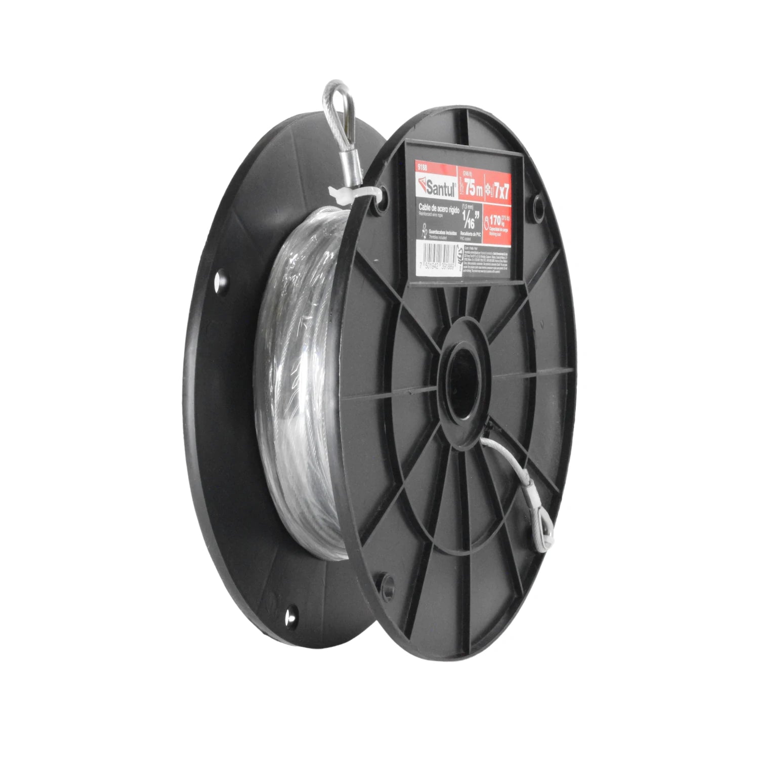 Cable de acero rígido Santul 7x7 1/16" (1.5mm) con recubrimiento PVC en carrete negro, 75 metros, guardacabos.